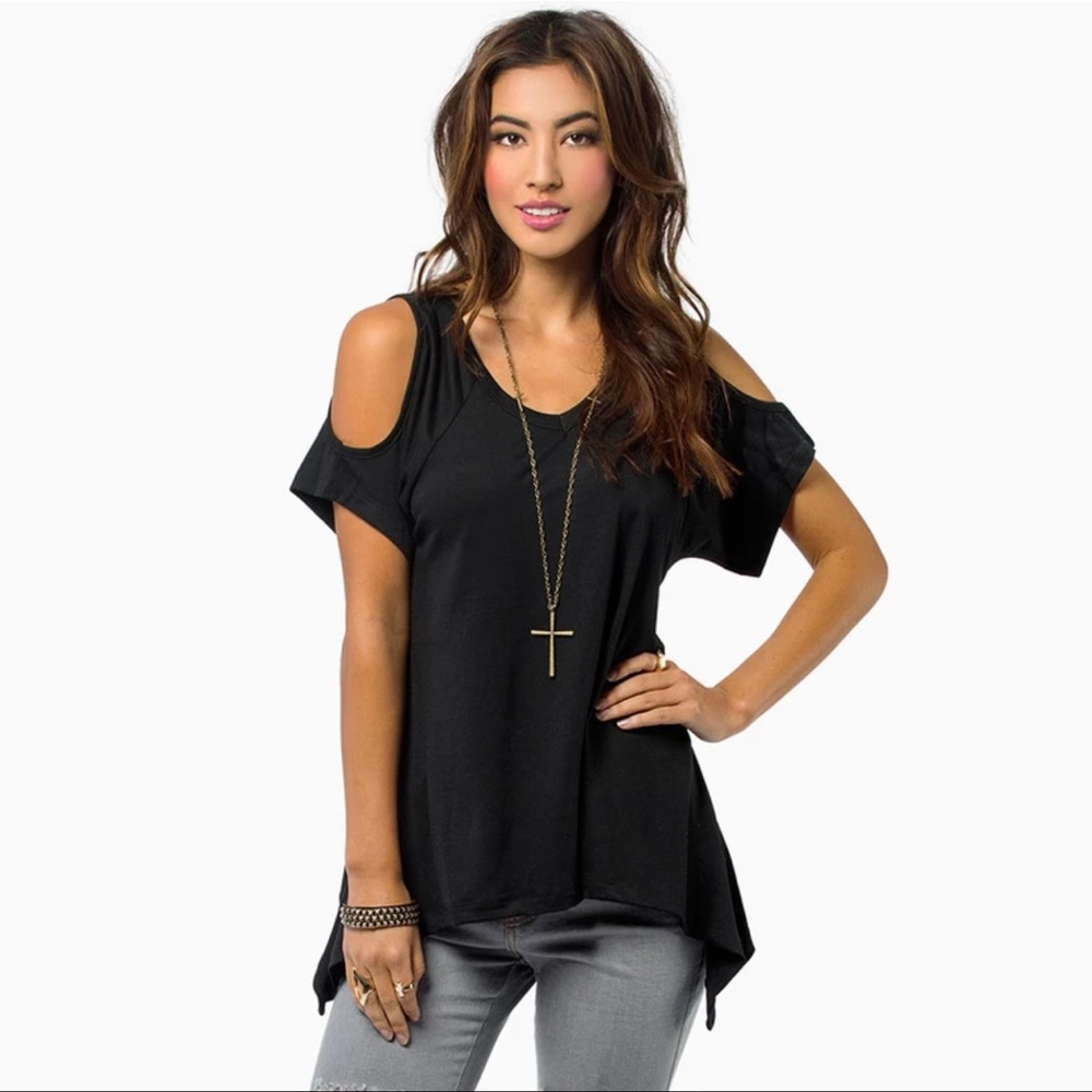 American Apparel Cold Shoulder Black Short Sleeve Oversized Irregular Tunic XXL